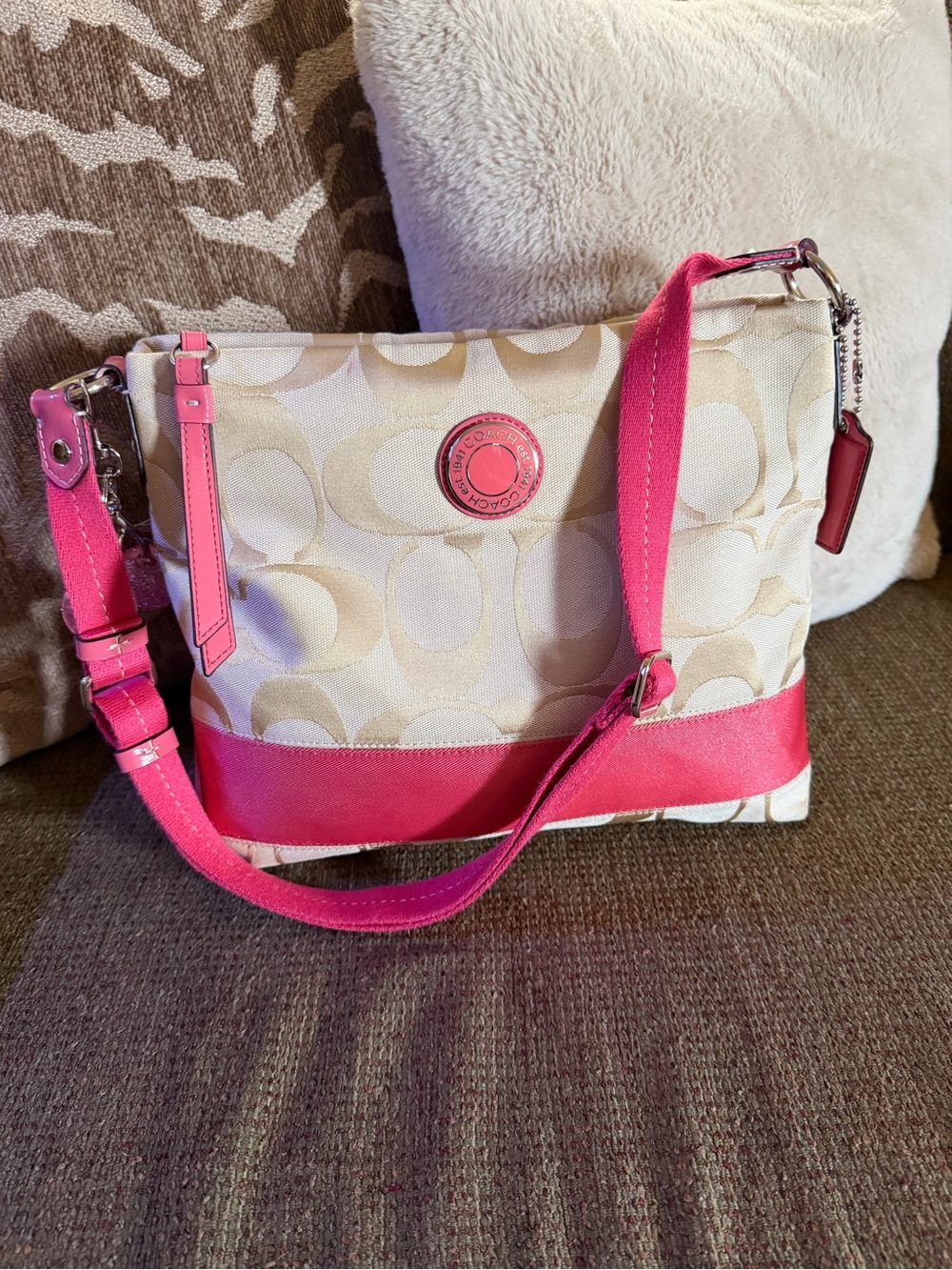 Coach Cream Signature Crossbody with Pink Trim Cherries not included